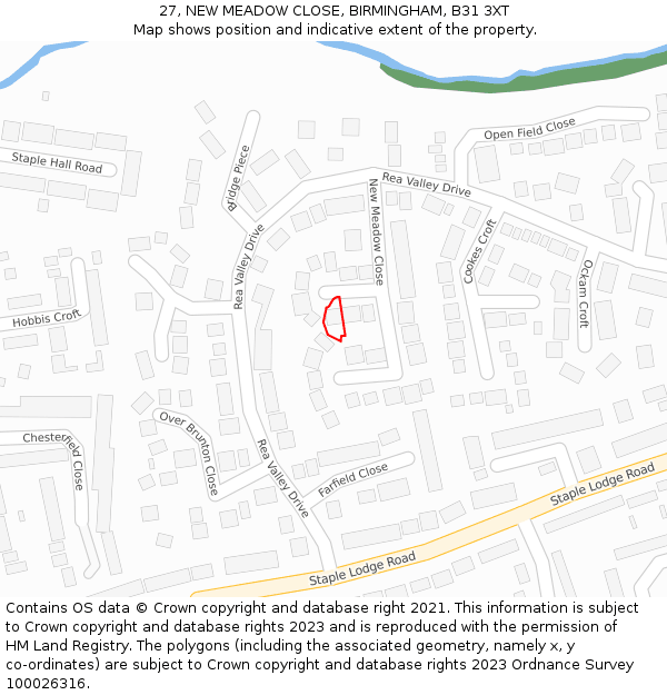 27, NEW MEADOW CLOSE, BIRMINGHAM, B31 3XT: Location map and indicative extent of plot