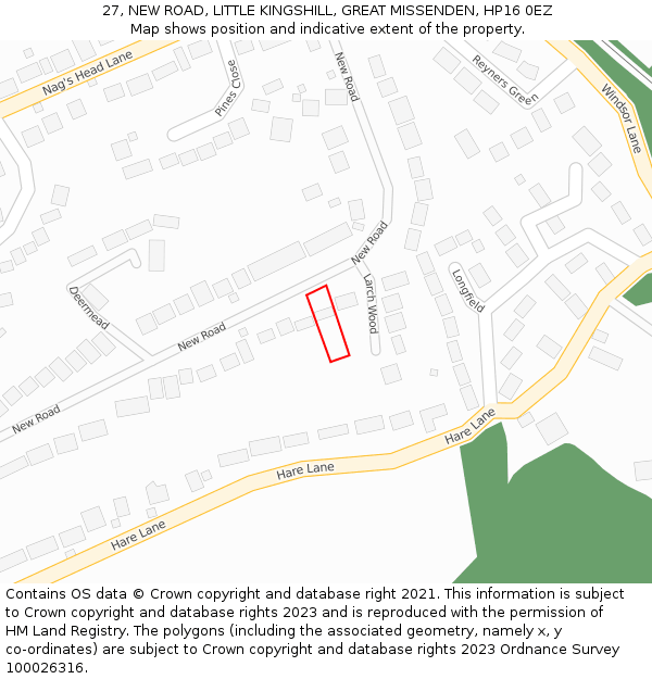 27, NEW ROAD, LITTLE KINGSHILL, GREAT MISSENDEN, HP16 0EZ: Location map and indicative extent of plot