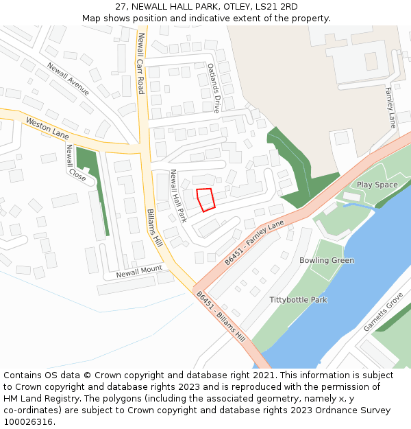 27, NEWALL HALL PARK, OTLEY, LS21 2RD: Location map and indicative extent of plot