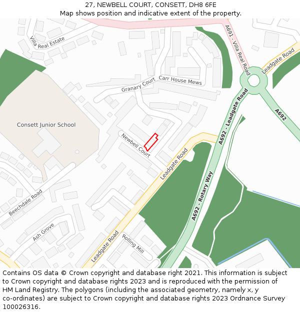 27, NEWBELL COURT, CONSETT, DH8 6FE: Location map and indicative extent of plot