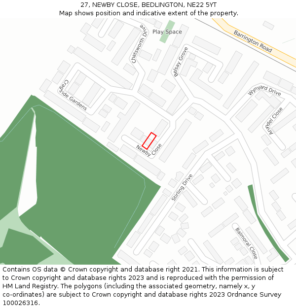 27, NEWBY CLOSE, BEDLINGTON, NE22 5YT: Location map and indicative extent of plot