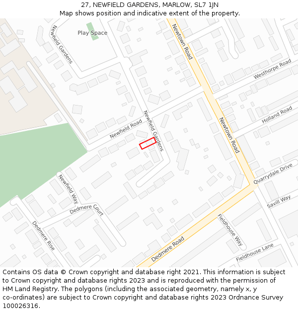 27, NEWFIELD GARDENS, MARLOW, SL7 1JN: Location map and indicative extent of plot