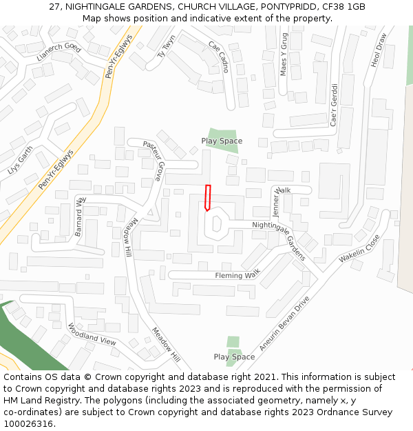 27, NIGHTINGALE GARDENS, CHURCH VILLAGE, PONTYPRIDD, CF38 1GB: Location map and indicative extent of plot