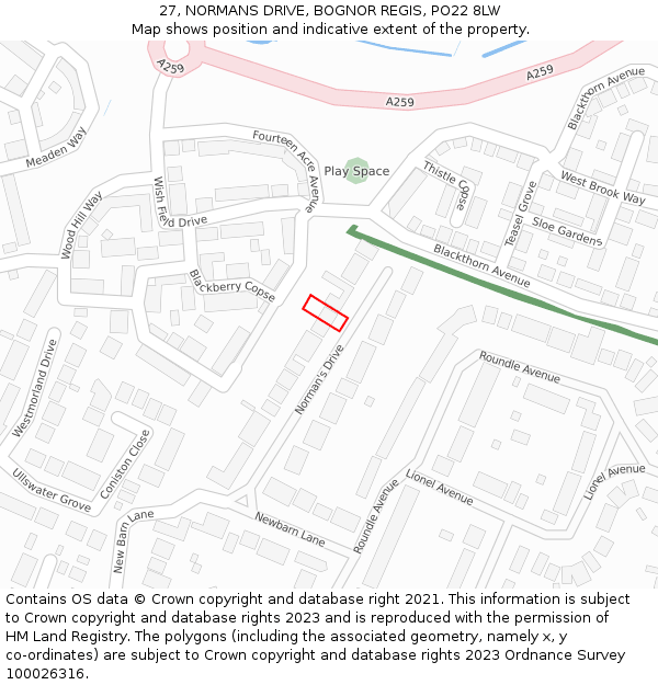 27, NORMANS DRIVE, BOGNOR REGIS, PO22 8LW: Location map and indicative extent of plot