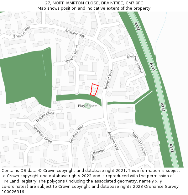 27, NORTHAMPTON CLOSE, BRAINTREE, CM7 9FG: Location map and indicative extent of plot