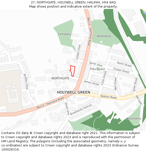 27, NORTHGATE, HOLYWELL GREEN, HALIFAX, HX4 9AQ: Location map and indicative extent of plot