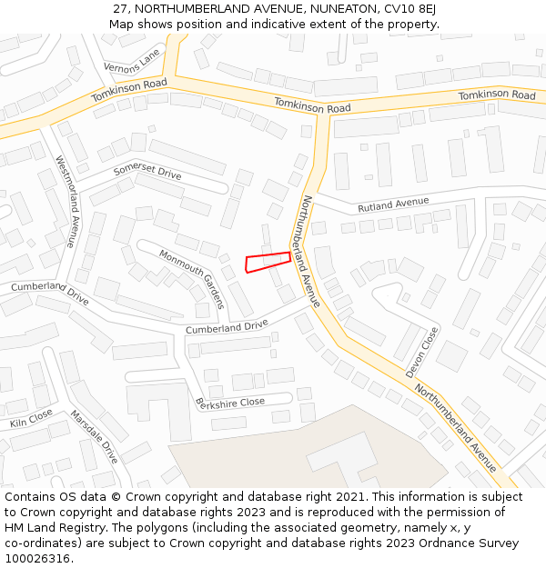 27, NORTHUMBERLAND AVENUE, NUNEATON, CV10 8EJ: Location map and indicative extent of plot