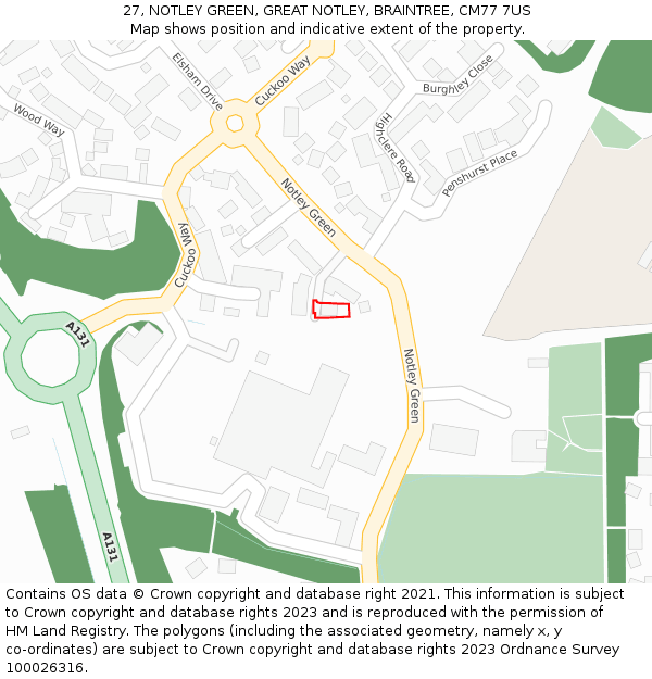 27, NOTLEY GREEN, GREAT NOTLEY, BRAINTREE, CM77 7US: Location map and indicative extent of plot