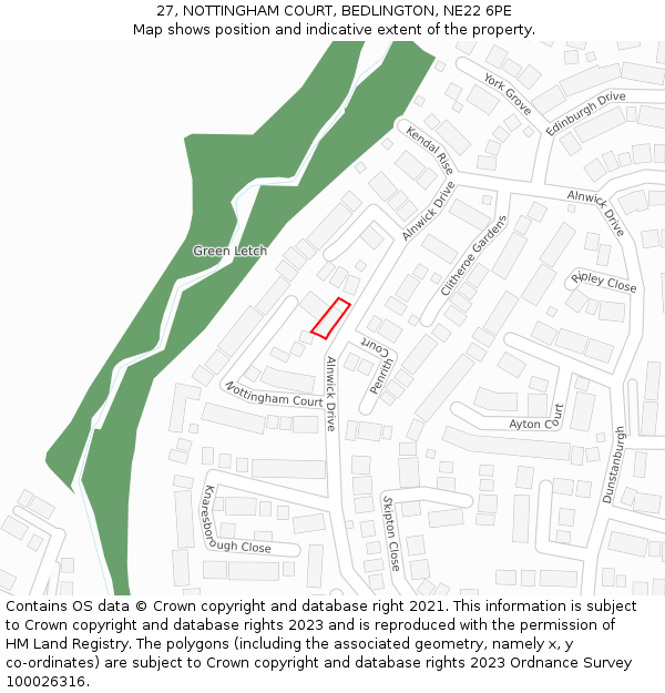 27, NOTTINGHAM COURT, BEDLINGTON, NE22 6PE: Location map and indicative extent of plot