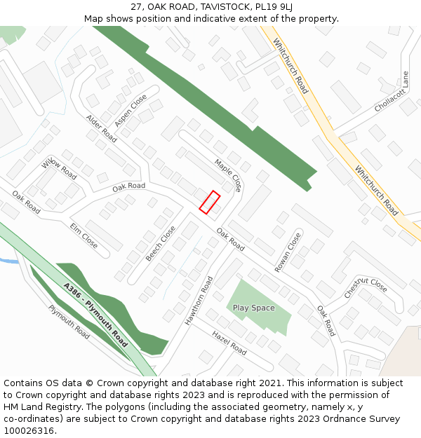 27, OAK ROAD, TAVISTOCK, PL19 9LJ: Location map and indicative extent of plot