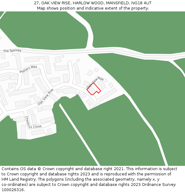 27, OAK VIEW RISE, HARLOW WOOD, MANSFIELD, NG18 4UT: Location map and indicative extent of plot