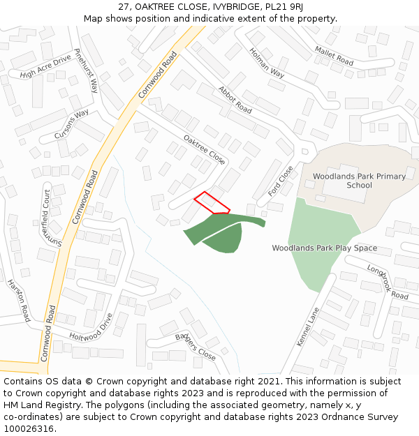 27, OAKTREE CLOSE, IVYBRIDGE, PL21 9RJ: Location map and indicative extent of plot