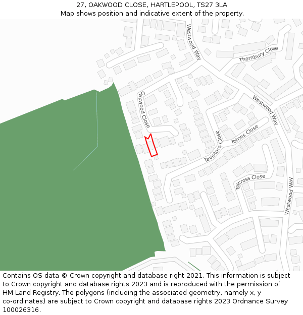 27, OAKWOOD CLOSE, HARTLEPOOL, TS27 3LA: Location map and indicative extent of plot