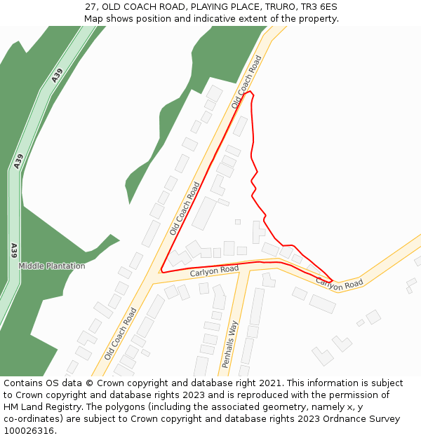 27, OLD COACH ROAD, PLAYING PLACE, TRURO, TR3 6ES: Location map and indicative extent of plot