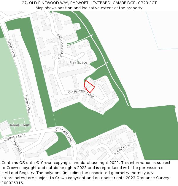 27, OLD PINEWOOD WAY, PAPWORTH EVERARD, CAMBRIDGE, CB23 3GT: Location map and indicative extent of plot