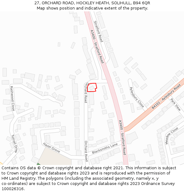 27, ORCHARD ROAD, HOCKLEY HEATH, SOLIHULL, B94 6QR: Location map and indicative extent of plot