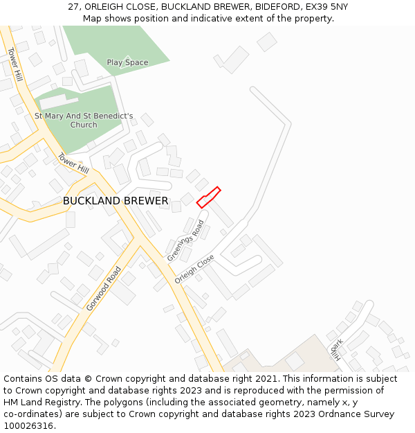 27, ORLEIGH CLOSE, BUCKLAND BREWER, BIDEFORD, EX39 5NY: Location map and indicative extent of plot