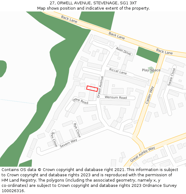 27, ORWELL AVENUE, STEVENAGE, SG1 3XT: Location map and indicative extent of plot