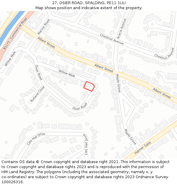 27, OSIER ROAD, SPALDING, PE11 1UU: Location map and indicative extent of plot