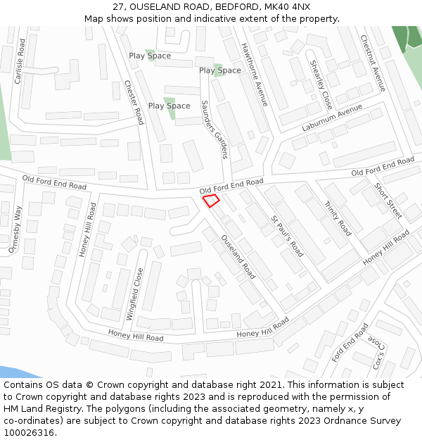 27, OUSELAND ROAD, BEDFORD, MK40 4NX: Location map and indicative extent of plot