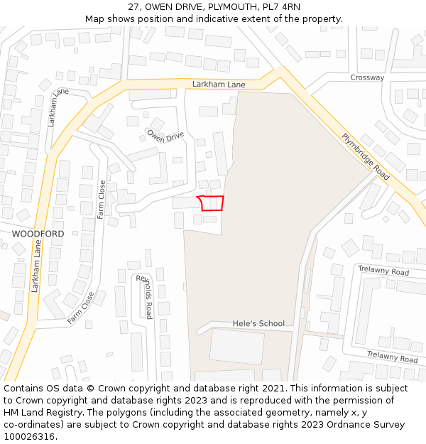 27, OWEN DRIVE, PLYMOUTH, PL7 4RN: Location map and indicative extent of plot