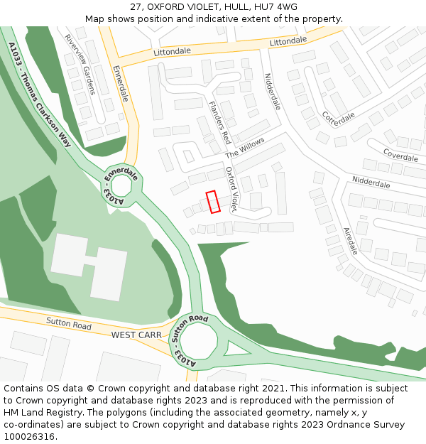 27, OXFORD VIOLET, HULL, HU7 4WG: Location map and indicative extent of plot