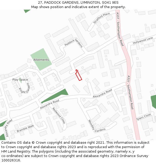 27, PADDOCK GARDENS, LYMINGTON, SO41 9ES: Location map and indicative extent of plot