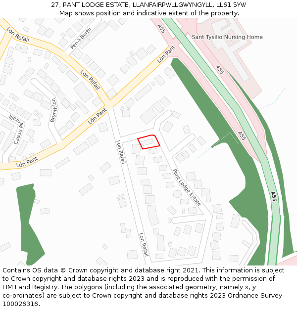 27, PANT LODGE ESTATE, LLANFAIRPWLLGWYNGYLL, LL61 5YW: Location map and indicative extent of plot