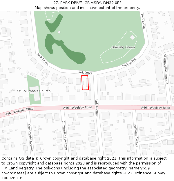 27, PARK DRIVE, GRIMSBY, DN32 0EF: Location map and indicative extent of plot