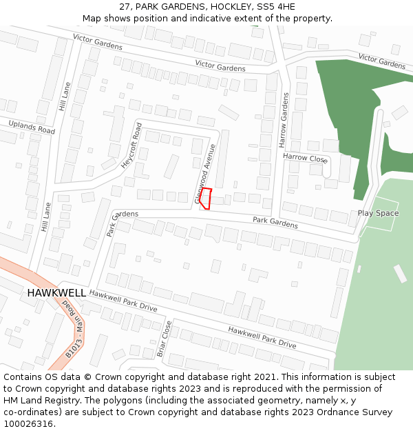 27, PARK GARDENS, HOCKLEY, SS5 4HE: Location map and indicative extent of plot