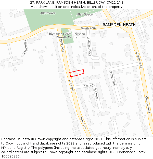 27, PARK LANE, RAMSDEN HEATH, BILLERICAY, CM11 1NE: Location map and indicative extent of plot