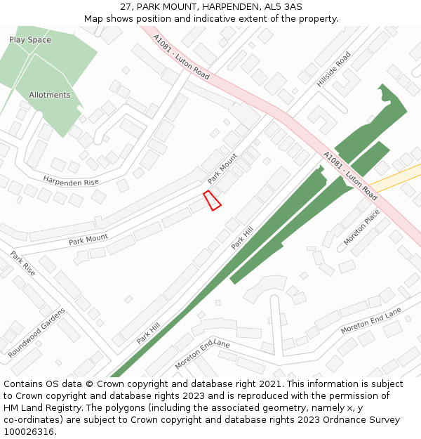 27, PARK MOUNT, HARPENDEN, AL5 3AS: Location map and indicative extent of plot