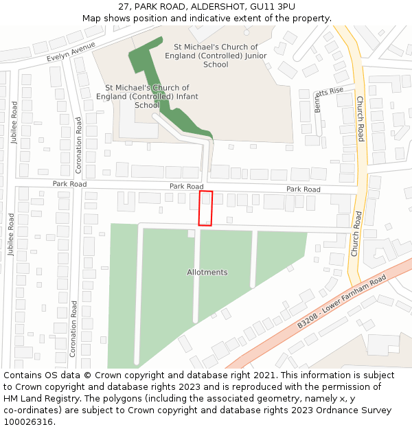 27, PARK ROAD, ALDERSHOT, GU11 3PU: Location map and indicative extent of plot