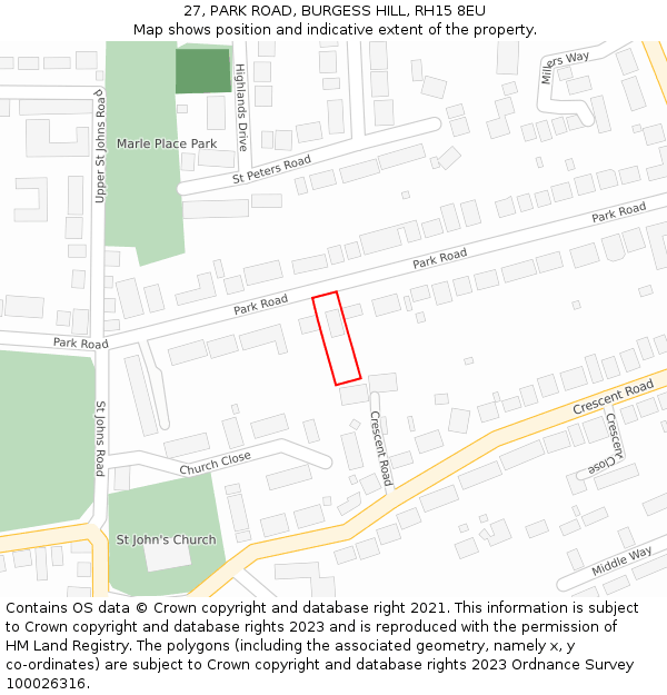 27, PARK ROAD, BURGESS HILL, RH15 8EU: Location map and indicative extent of plot