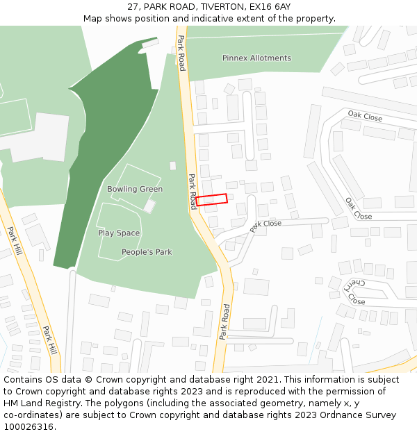 27, PARK ROAD, TIVERTON, EX16 6AY: Location map and indicative extent of plot