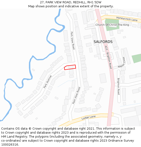 27, PARK VIEW ROAD, REDHILL, RH1 5DW: Location map and indicative extent of plot