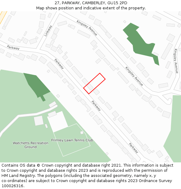 27, PARKWAY, CAMBERLEY, GU15 2PD: Location map and indicative extent of plot