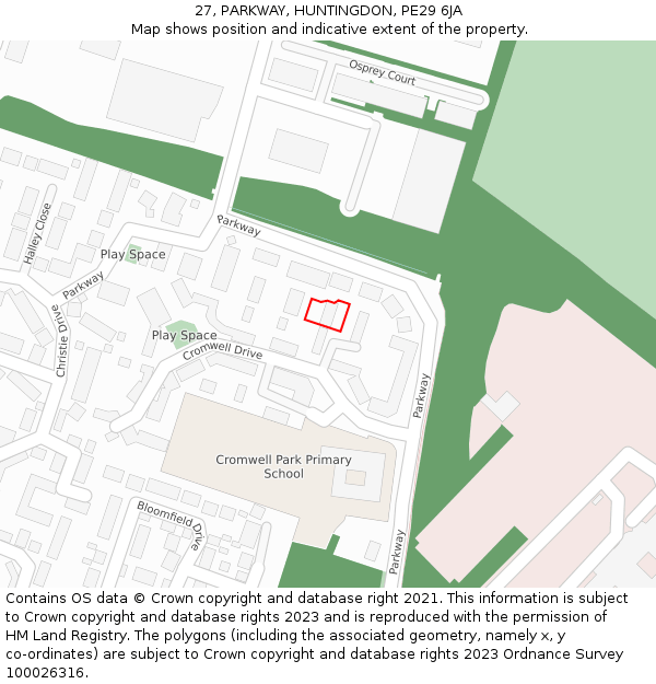 27, PARKWAY, HUNTINGDON, PE29 6JA: Location map and indicative extent of plot