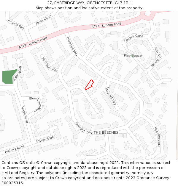 27, PARTRIDGE WAY, CIRENCESTER, GL7 1BH: Location map and indicative extent of plot