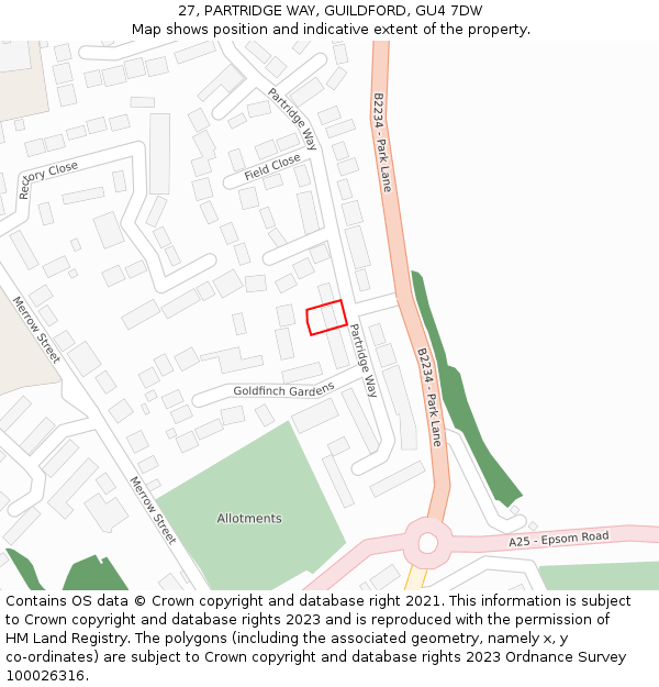 27, PARTRIDGE WAY, GUILDFORD, GU4 7DW: Location map and indicative extent of plot