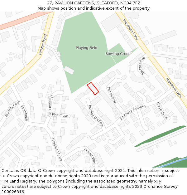 27, PAVILION GARDENS, SLEAFORD, NG34 7FZ: Location map and indicative extent of plot