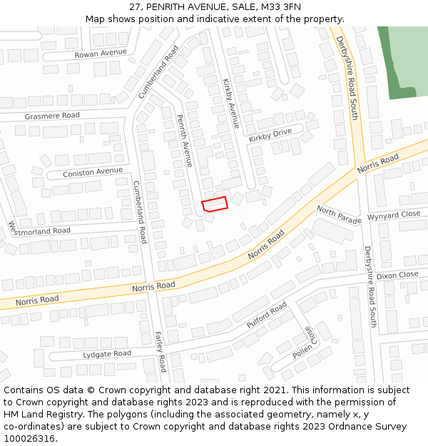 27, PENRITH AVENUE, SALE, M33 3FN: Location map and indicative extent of plot