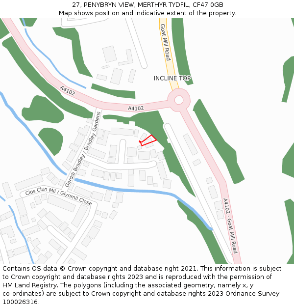 27, PENYBRYN VIEW, MERTHYR TYDFIL, CF47 0GB: Location map and indicative extent of plot