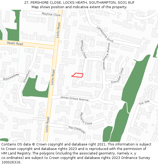 27, PERSHORE CLOSE, LOCKS HEATH, SOUTHAMPTON, SO31 6UF: Location map and indicative extent of plot