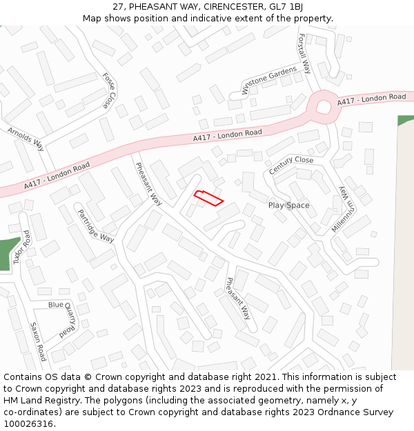 27, PHEASANT WAY, CIRENCESTER, GL7 1BJ: Location map and indicative extent of plot