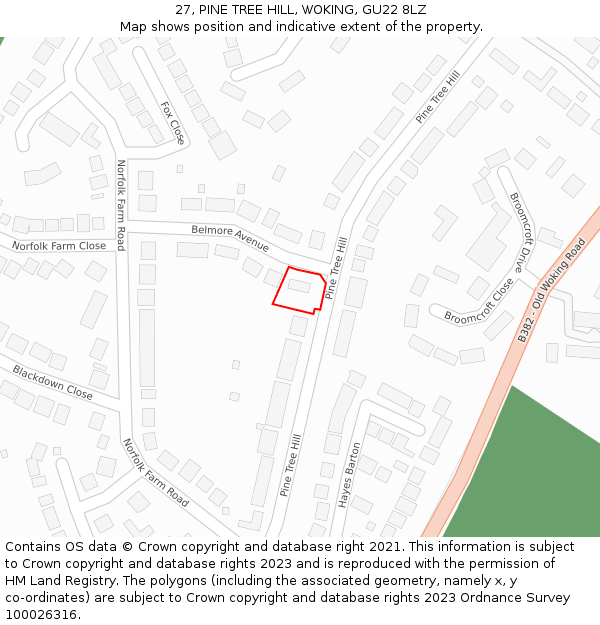 27, PINE TREE HILL, WOKING, GU22 8LZ: Location map and indicative extent of plot