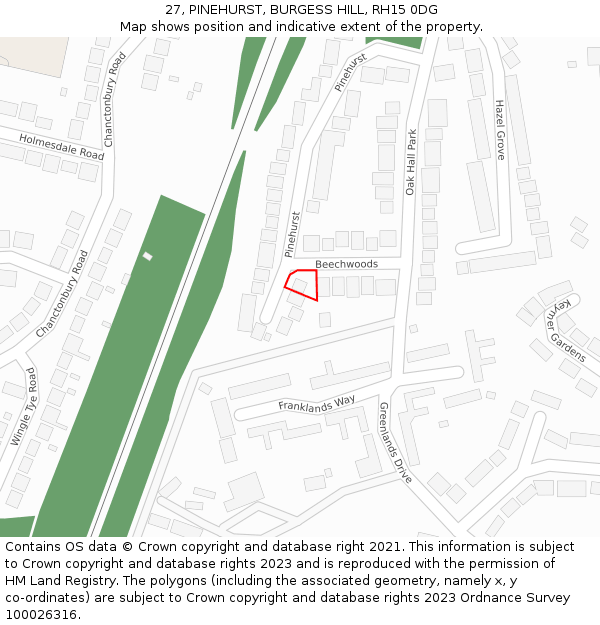 27, PINEHURST, BURGESS HILL, RH15 0DG: Location map and indicative extent of plot