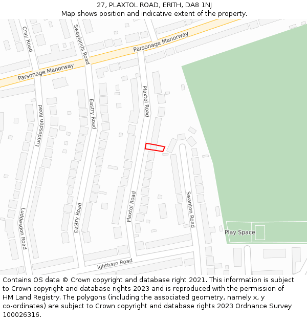 27, PLAXTOL ROAD, ERITH, DA8 1NJ: Location map and indicative extent of plot
