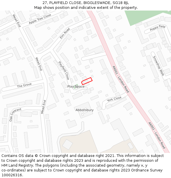 27, PLAYFIELD CLOSE, BIGGLESWADE, SG18 8JL: Location map and indicative extent of plot