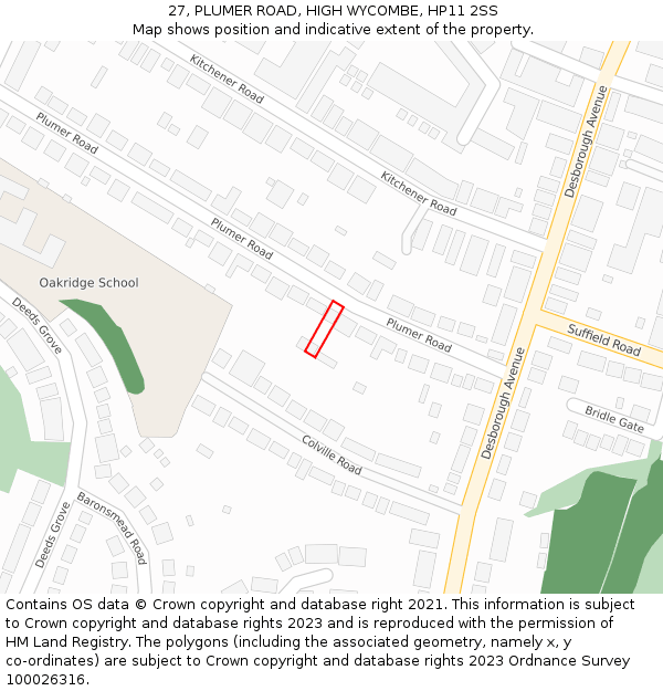 27, PLUMER ROAD, HIGH WYCOMBE, HP11 2SS: Location map and indicative extent of plot